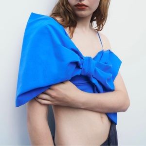 Zara Ribbon Bow Crop Top with Tie Details in Blue